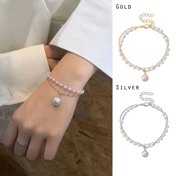 NEW Double Layered Bead Link Chain Faux Pearl Charm Pendant Bracelets Jewelry - Picture 9 of 10